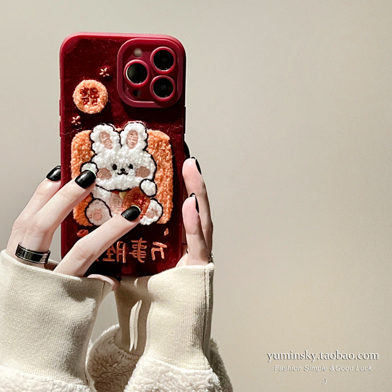 Applicable to iPhone14pro lucky rabbit max apple 13 mobile phone case 11 new year red 12 embroidery plus drop-proof